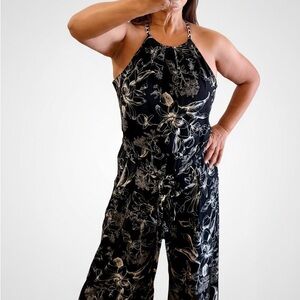 White House Black Market Black and White Floral Halter-Neck Jumpsuit